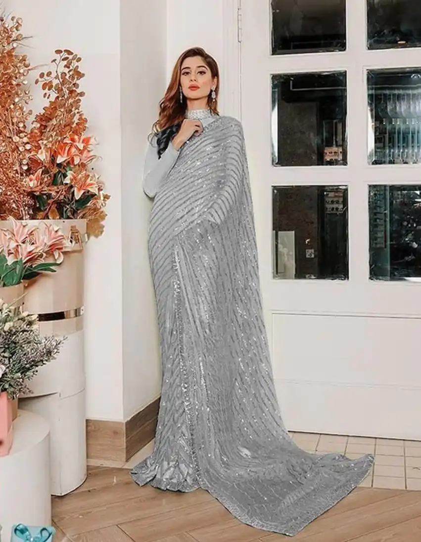 DF 3387 Grey Color Georgette Multi & Sequins Embroidery Work With Saree Casual, Party Wear, Wedding, Events Etc. Expected Delivery 4-6 Working Days 1699/- | Bollywood Sarees, Creative Sarees, Designer Sarees, Embroidered Sarees, Ethnic Saree, Modern Digital sarees, Party Wear Sarees, Sarees