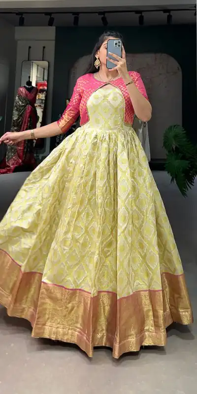 YNF 5301 Yellow Color Gown : Georgette Work : Printed Casual, Wedding, Festive, Events, Designer Party Wear, White Gown @1649/- | Bollywood Gowns, Creative Gowns, Designer Gowns, Embroidered Gowns, Gowns, Party Wear Gowns