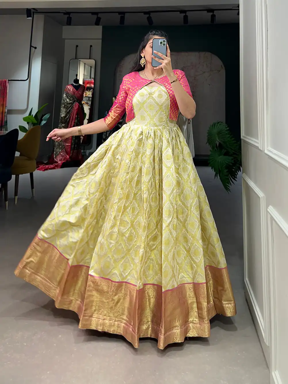 YNF 5301 Yellow Color Gown : Georgette Work : Printed Casual, Wedding, Festive, Events, Designer Party Wear, White Gown @1649/- | Bollywood Gowns, Creative Gowns, Designer Gowns, Embroidered Gowns, Gowns, Party Wear Gowns