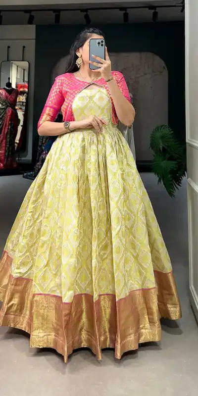 YNF 5301 Yellow Color Gown : Georgette Work : Printed Casual, Wedding, Festive, Events, Designer Party Wear, White Gown @1649/- | Bollywood Gowns, Creative Gowns, Designer Gowns, Embroidered Gowns, Gowns, Party Wear Gowns