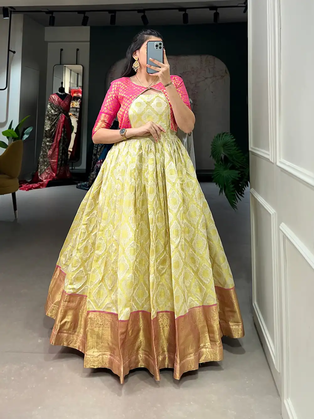 YNF 5301 Yellow Color Gown : Georgette Work : Printed Casual, Wedding, Festive, Events, Designer Party Wear, White Gown @1649/- | Bollywood Gowns, Creative Gowns, Designer Gowns, Embroidered Gowns, Gowns, Party Wear Gowns