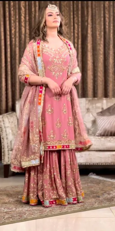 NSR 722 Pink Color Georgette Embroidery Sequence Work Sharara Suit Casual, Wedding, Party, Festive, Events Etc. Expected Delivery 4-6 Working Days 2199/- | Jump Suits, Casual Suits, Creative suits, Designer Suits, Palazzo Suits, Party Wear Suits, Patiala Suits, Salwar suit, Straight Suits