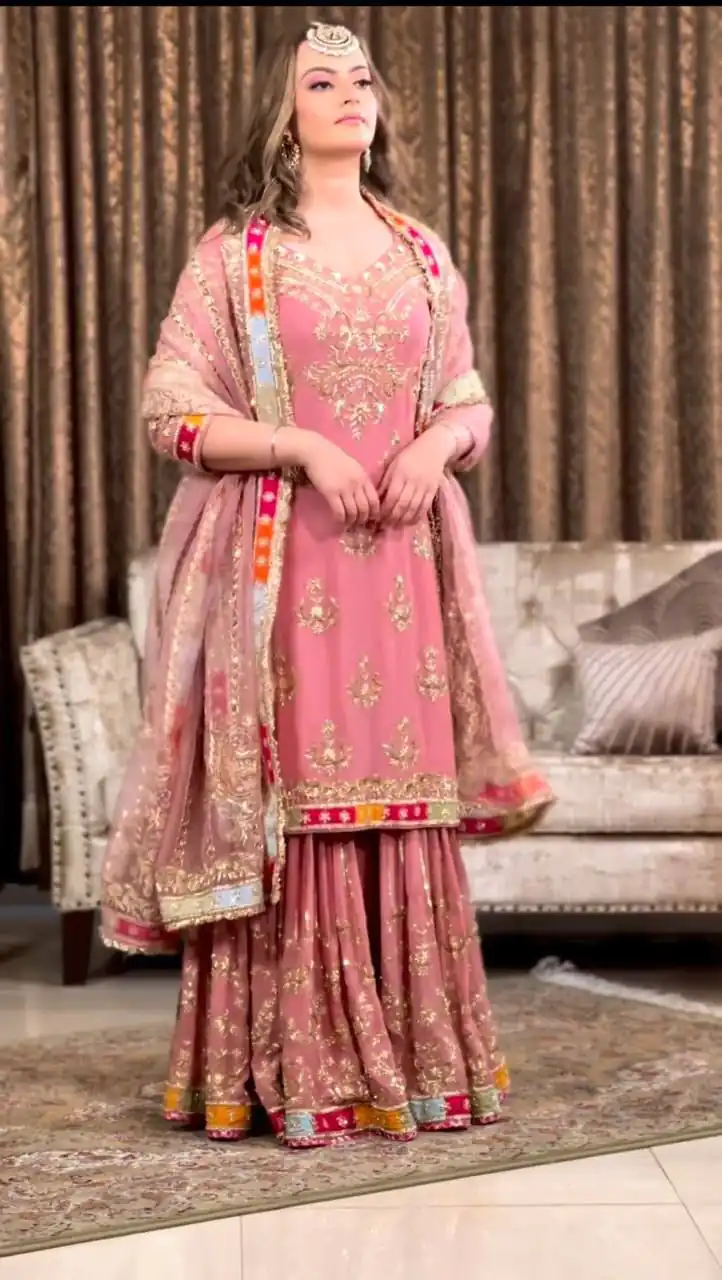 NSR 722 Pink Color Georgette Embroidery Sequence Work Sharara Suit Casual, Wedding, Party, Festive, Events Etc. Expected Delivery 4-6 Working Days 2199/- | Jump Suits, Casual Suits, Creative suits, Designer Suits, Palazzo Suits, Party Wear Suits, Patiala Suits, Salwar suit, Straight Suits