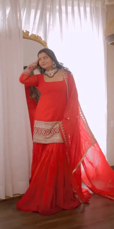 RTC 5662 Red Color Faux Georgette thread Sequence Work Sharara Suit Casual, Wedding, Party, Festive, Events Etc. Expected Delivery 4-6 Working Days @1949/- | Casual Suits, Jump Suits, Creative suits, Designer Suits, Palazzo Suits, Party Wear Suits, Patiala Suits, Salwar suit, Straight Suits