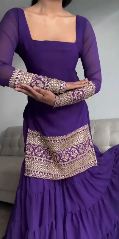 RTC 5662 Voilet Color Faux Georgette thread Sequence Work Sharara Suit Casual, Wedding,, Festive, Events Etc. Expected Delivery 4-6 Working Days @1949/- | Casual Suits, Jump Suits, Creative suits, Designer Suits, Palazzo Suits, Party Wear Suits, Patiala Suits, Salwar suit, Straight Suits