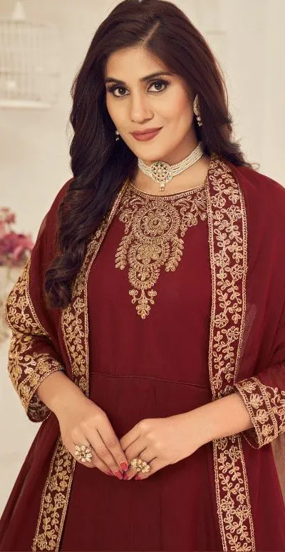 DS 1123 Maroon color Georgette Cording Stone Work Anarkali Suit Wedding, Party, Festive, Events Etc. Expected Delivery 4-6 Working Days @2199/- | Anarkali Suits, Bollywood Anarkali, Creative-Anarkali, Designer Anarkali, Embroidered Anarkali, Party Wear Anarkali