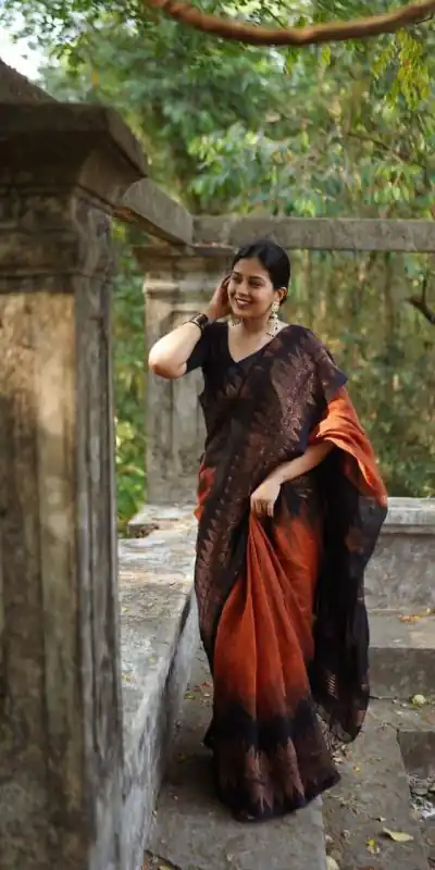 KP 5053 Black & Orange Color Soft Lilan Slab Weaving Work Saree Casual, Party Wear, Wedding, Events Etc. Expected Delivery 4-6 Working Days @1499/- | Bollywood Sarees, Creative Sarees, Designer Sarees, Embroidered Sarees, Ethnic Saree, Modern Digital sarees, Party Wear Sarees, Sarees