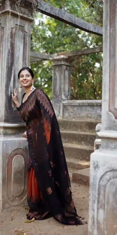 KP 5053 Black & Orange Color Soft Lilan Slab Weaving Work Saree Casual, Party Wear, Wedding, Events Etc. Expected Delivery 4-6 Working Days @1499/- | Bollywood Sarees, Creative Sarees, Designer Sarees, Embroidered Sarees, Ethnic Saree, Modern Digital sarees, Party Wear Sarees, Sarees