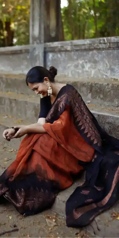 KP 5053 Black & Orange Color Soft Lilan Slab Weaving Work Saree Casual, Party Wear, Wedding, Events Etc. Expected Delivery 4-6 Working Days @1499/- | Bollywood Sarees, Creative Sarees, Designer Sarees, Embroidered Sarees, Ethnic Saree, Modern Digital sarees, Party Wear Sarees, Sarees