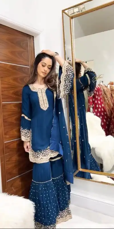 NSR 797 Royal Blue Color Faux Georgette Embroidery Work Sharara Suit Casual, Wedding, Party, Festive, Events Etc.   Expected Delivery 4-6 Working Days 2099/- | Jump Suits, Casual Suits, Creative suits, Designer Suits, Palazzo Suits, Party Wear Suits, Patiala Suits, Salwar suit, Straight Suits