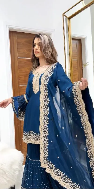 NSR 797 Royal Blue Color Faux Georgette Embroidery Work Sharara Suit Casual, Wedding, Party, Festive, Events Etc.   Expected Delivery 4-6 Working Days 2099/- | Jump Suits, Casual Suits, Creative suits, Designer Suits, Palazzo Suits, Party Wear Suits, Patiala Suits, Salwar suit, Straight Suits