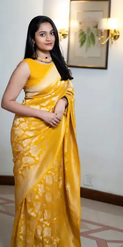 DDF Yellow Flower Soft Lichi Silk With Ordinary Design Saree Casual, Party Wear, Wedding, Events, Etc. Expected Delivery 4-6 Working Days 1399/- | Bollywood Sarees, Creative Sarees, Designer Sarees, Embroidered Sarees, Ethnic Saree, Modern Digital sarees, Party Wear Sarees, Sarees