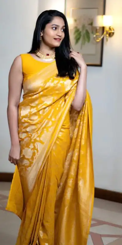 DDF Yellow Flower Soft Lichi Silk With Ordinary Design Saree Casual, Party Wear, Wedding, Events, Etc. Expected Delivery 4-6 Working Days 1399/- | Bollywood Sarees, Creative Sarees, Designer Sarees, Embroidered Sarees, Ethnic Saree, Modern Digital sarees, Party Wear Sarees, Sarees