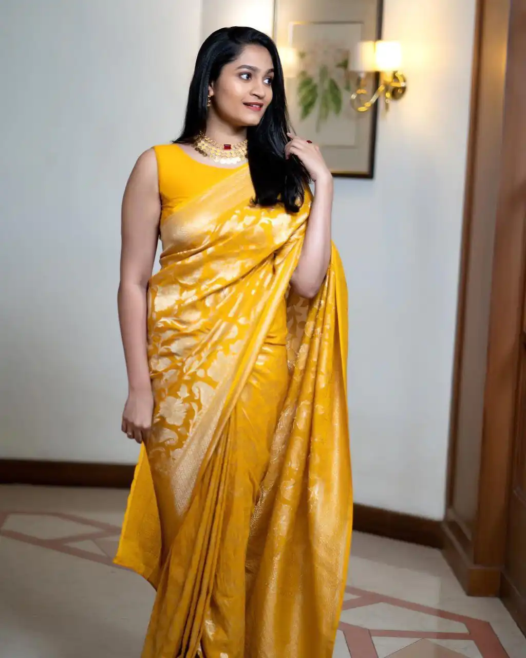 DDF Yellow Flower Soft Lichi Silk With Ordinary Design Saree Casual, Party Wear, Wedding, Events, Etc. Expected Delivery 4-6 Working Days 1399/- | Bollywood Sarees, Creative Sarees, Designer Sarees, Embroidered Sarees, Ethnic Saree, Modern Digital sarees, Party Wear Sarees, Sarees