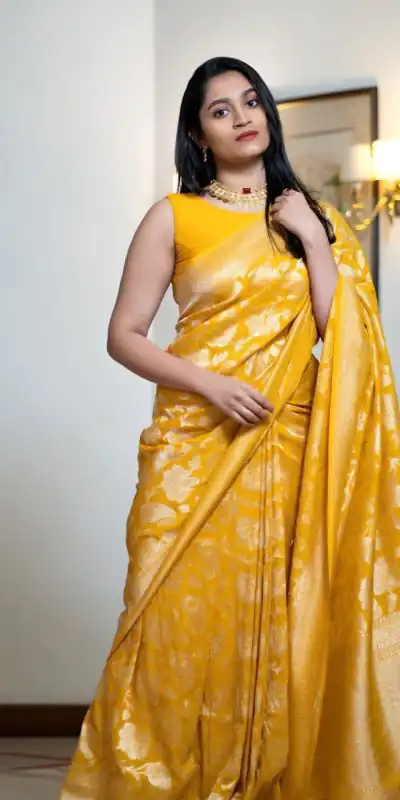 DDF Yellow Flower Soft Lichi Silk With Ordinary Design Saree Casual, Party Wear, Wedding, Events, Etc. Expected Delivery 4-6 Working Days 1399/- | Bollywood Sarees, Creative Sarees, Designer Sarees, Embroidered Sarees, Ethnic Saree, Modern Digital sarees, Party Wear Sarees, Sarees