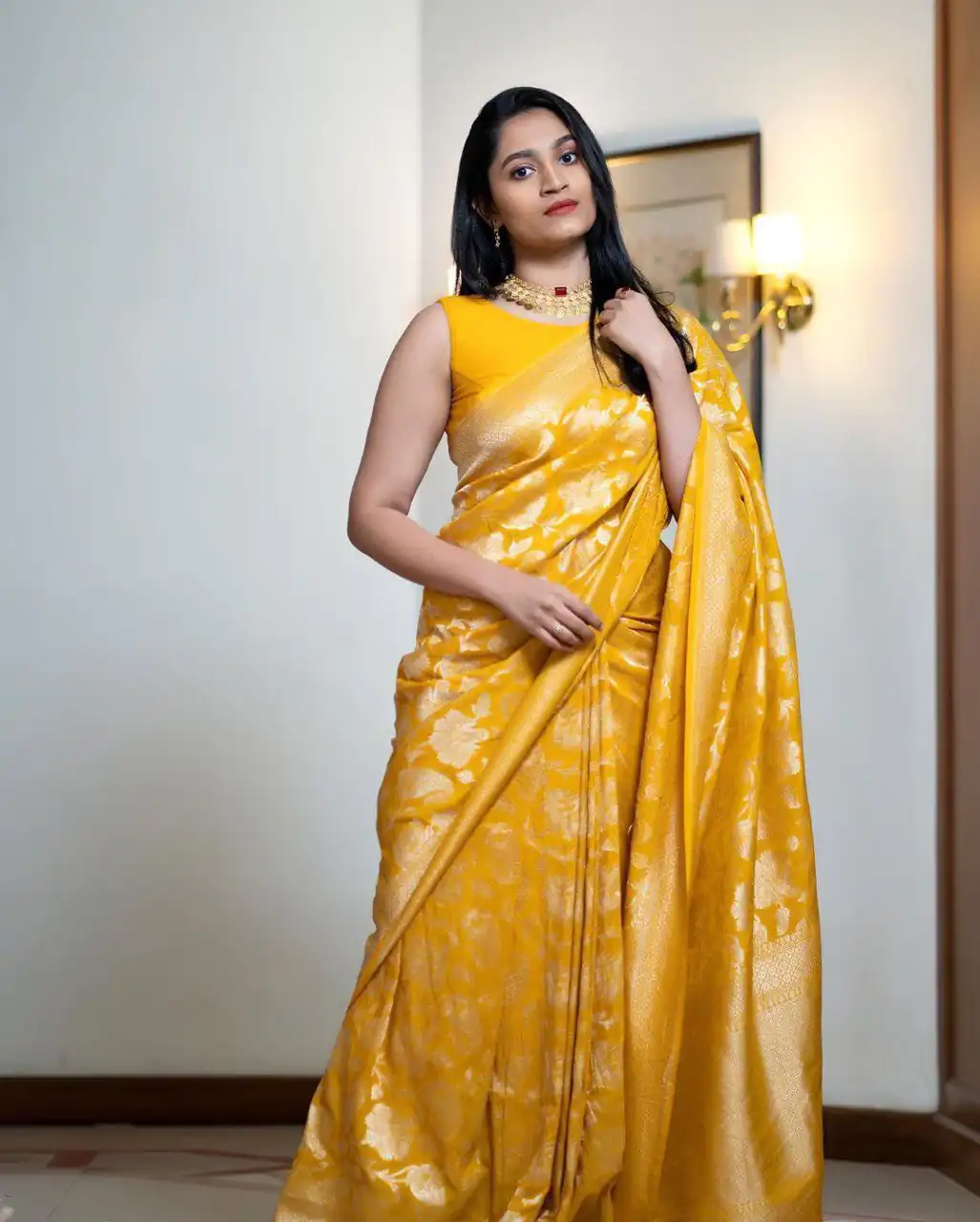 DDF Yellow Flower Soft Lichi Silk With Ordinary Design Saree Casual, Party Wear, Wedding, Events, Etc. Expected Delivery 4-6 Working Days 1399/- | Bollywood Sarees, Creative Sarees, Designer Sarees, Embroidered Sarees, Ethnic Saree, Modern Digital sarees, Party Wear Sarees, Sarees