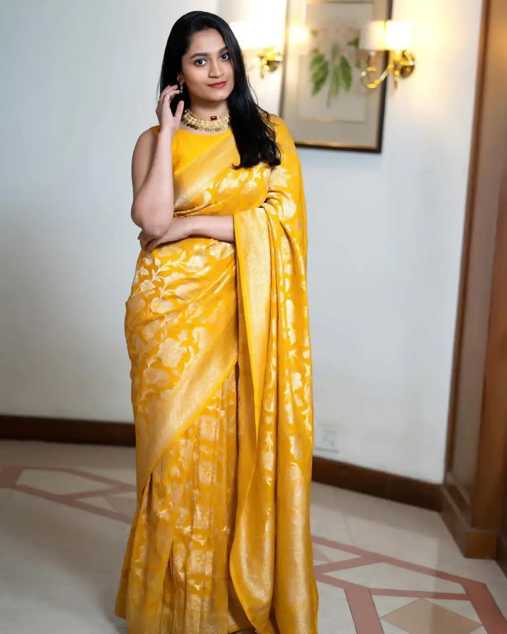 DDF Yellow Flower Soft Lichi Silk With Ordinary Design Saree Casual, Party Wear, Wedding, Events, Etc. Expected Delivery 4-6 Working Days 1399/- | Bollywood Sarees, Creative Sarees, Designer Sarees, Embroidered Sarees, Ethnic Saree, Modern Digital sarees, Party Wear Sarees, Sarees