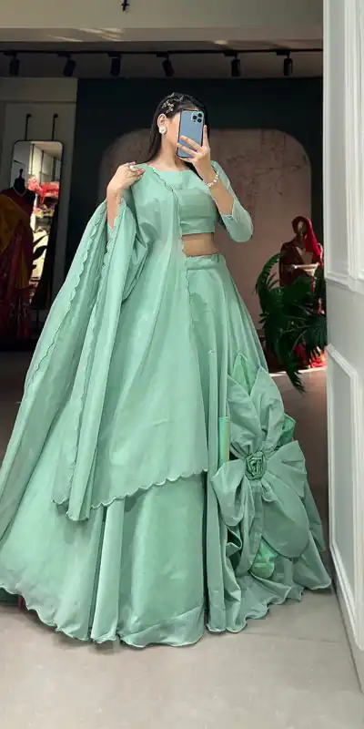 LNB1650 Parrot Green Color Rajwadi Chanderi Silk Lehenga Choli Hand Made Flowers Traditional, Festive, Party, Wedding, Events Wear 4-6 Working Days @1999/- | Bollywood Lehenga, Creative Lehenga, Designer Lehenga, Embroidered Lehenga, Lehenga, Party Wear Lehenga