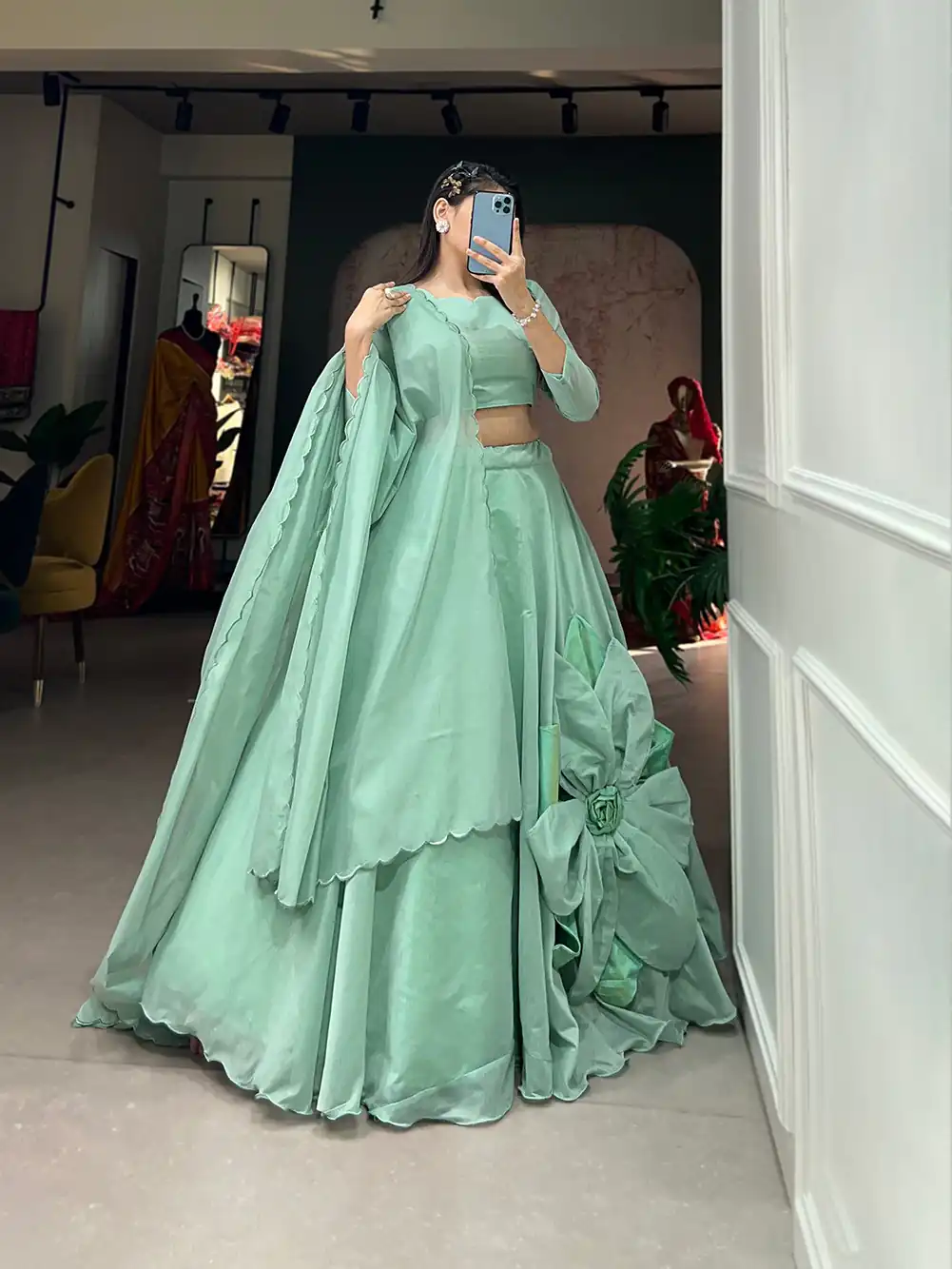 LNB1650 Parrot Green Color Rajwadi Chanderi Silk Lehenga Choli Hand Made Flowers Traditional, Festive, Party, Wedding, Events Wear 4-6 Working Days @1999/- | Bollywood Lehenga, Creative Lehenga, Designer Lehenga, Embroidered Lehenga, Lehenga, Party Wear Lehenga