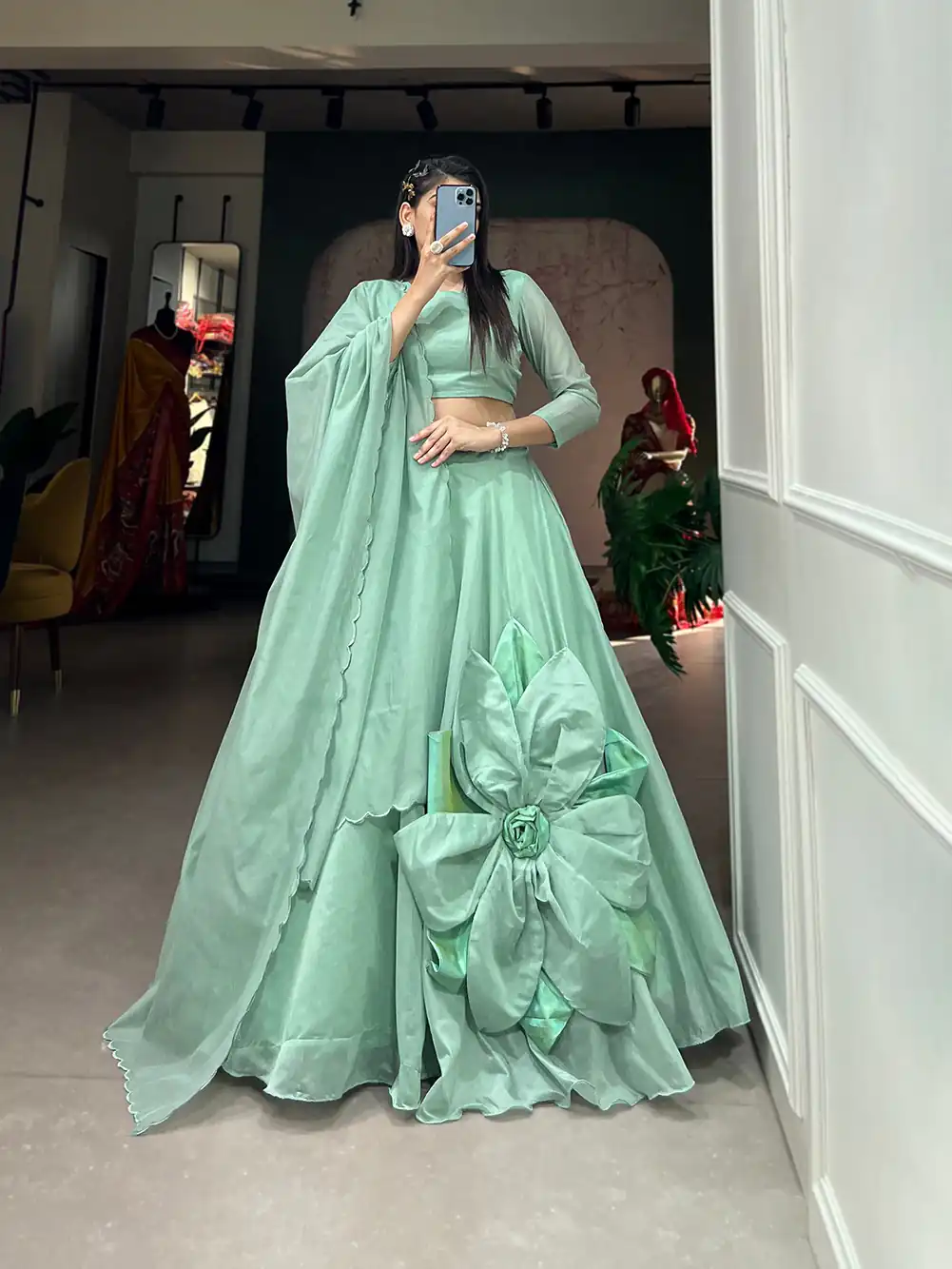 LNB1650 Parrot Green Color Rajwadi Chanderi Silk Lehenga Choli Hand Made Flowers Traditional, Festive, Party, Wedding, Events Wear 4-6 Working Days @1999/- | Bollywood Lehenga, Creative Lehenga, Designer Lehenga, Embroidered Lehenga, Lehenga, Party Wear Lehenga