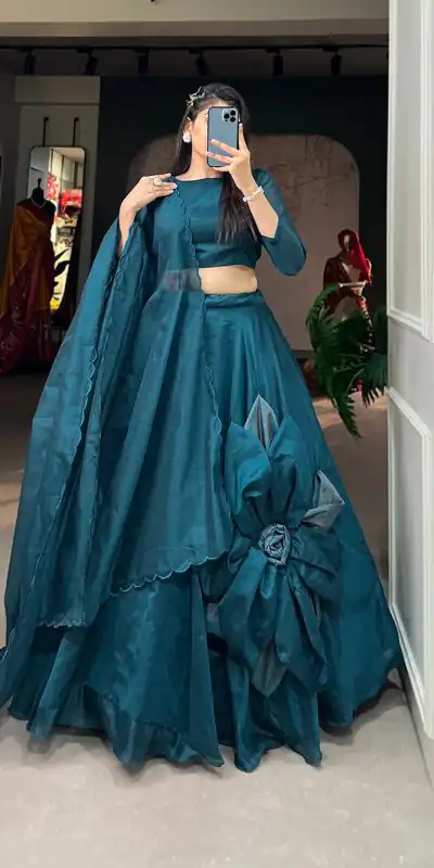 LNB1650 Rama Blue Color Rajwadi Chanderi Silk Lehenga Choli Hand Made Flowers Traditional, Party, Festive, Wedding, Events Wear 4-6 Working Days @1999/- | Bollywood Lehenga, Creative Lehenga, Designer Lehenga, Embroidered Lehenga, Lehenga, Party Wear Lehenga