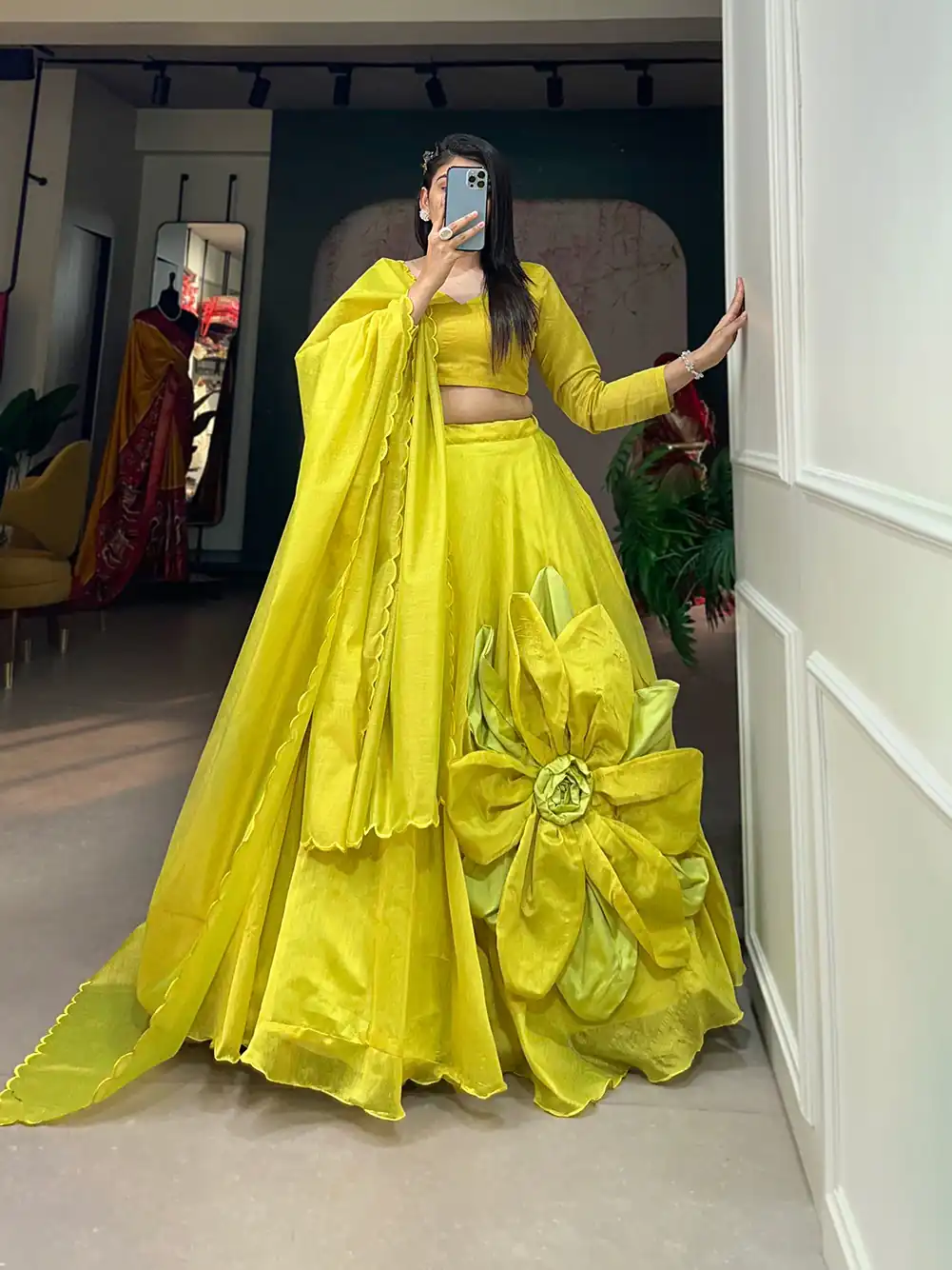 LNB1650 Yellow Color Rajwadi Chanderi Silk Lehenga Choli Hand Made Flowers Festive Traditional Festive, Party, Wedding, Events Wear 4-6 Working Days @1999/- | Bollywood Lehenga, Creative Lehenga, Designer Lehenga, Embroidered Lehenga, Lehenga, Party Wear Lehenga
