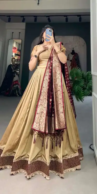 LNB2014 Chickoo Color Vichitra Silk Jacquard Lace Lehenga Choli Traditional, Festive, Party, Wedding, Events,etc. Expected Delivery 4-6 Working Days @1999/- | Bollywood Lehenga, Creative Lehenga, Designer Lehenga, Embroidered Lehenga, Lehenga, Party Wear Lehenga