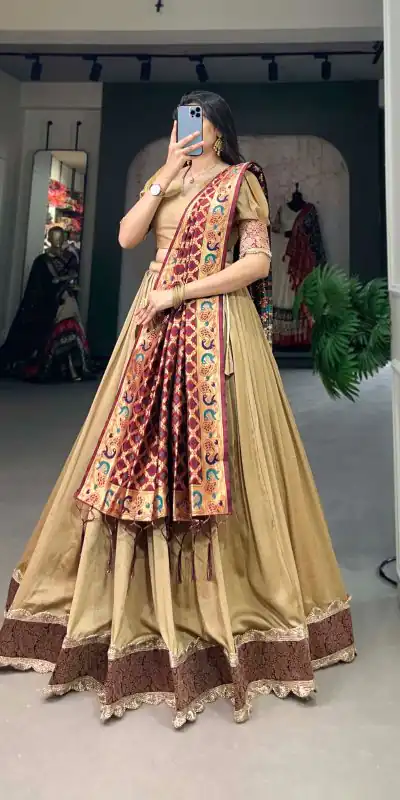 LNB2014 Chickoo Color Vichitra Silk Jacquard Lace Lehenga Choli Traditional, Festive, Party, Wedding, Events,etc. Expected Delivery 4-6 Working Days @1999/- | Bollywood Lehenga, Creative Lehenga, Designer Lehenga, Embroidered Lehenga, Lehenga, Party Wear Lehenga
