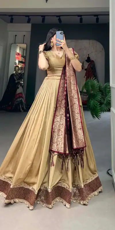 LNB2014 Chickoo Color Vichitra Silk Jacquard Lace Lehenga Choli Traditional, Festive, Party, Wedding, Events,etc. Expected Delivery 4-6 Working Days @1999/- | Bollywood Lehenga, Creative Lehenga, Designer Lehenga, Embroidered Lehenga, Lehenga, Party Wear Lehenga