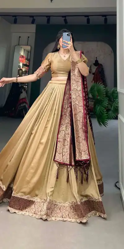 LNB2014 Chickoo Color Vichitra Silk Jacquard Lace Lehenga Choli Traditional, Festive, Party, Wedding, Events,etc. Expected Delivery 4-6 Working Days @1999/- | Bollywood Lehenga, Creative Lehenga, Designer Lehenga, Embroidered Lehenga, Lehenga, Party Wear Lehenga