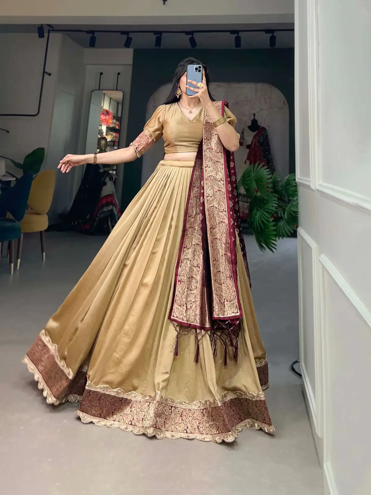 LNB2014 Chickoo Color Vichitra Silk Jacquard Lace Lehenga Choli Traditional, Festive, Party, Wedding, Events,etc. Expected Delivery 4-6 Working Days @1999/- | Bollywood Lehenga, Creative Lehenga, Designer Lehenga, Embroidered Lehenga, Lehenga, Party Wear Lehenga