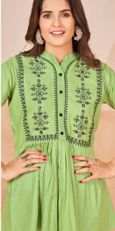 INLI  Bubbly Green Color Heavy Rayon Embroidery work Kurti Casual, Wedding, Party, Festive, Events Etc. Expected Delivery 4-6 Working Days @999/- | Bollywood Kurti, Creative Kurtis, Designer Kurti, Kurti, Party Wear Kurti, Selfie Kurti