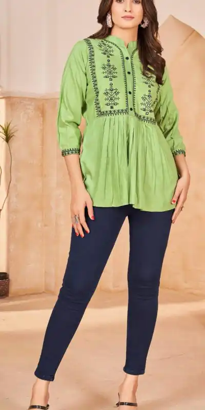 INLI  Bubbly Green Color Heavy Rayon Embroidery work Kurti Casual, Wedding, Party, Festive, Events Etc. Expected Delivery 4-6 Working Days @999/- | Bollywood Kurti, Creative Kurtis, Designer Kurti, Kurti, Party Wear Kurti, Selfie Kurti