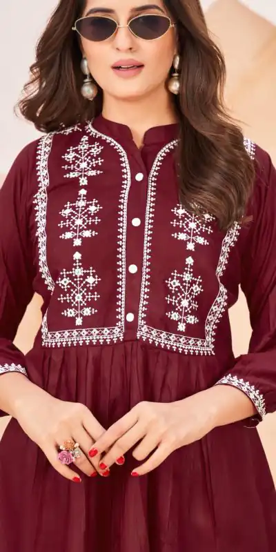 INLI Bubbly Maroon Color Heavy Rayon Embroidery work Kurti Casual, Wedding, Party, Festive, Events Etc. Expected Delivery 4-6 Working Days @999/- | Bollywood Kurti, Creative Kurtis, Designer Kurti, Kurti, Party Wear Kurti, Selfie Kurti