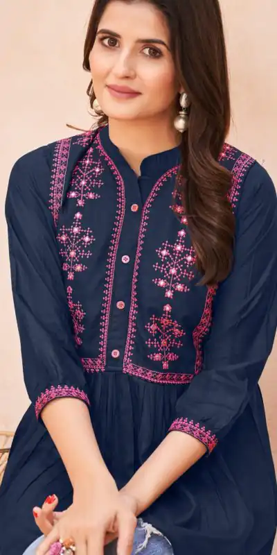 INLI Bubbly Navy Blue Color Heavy Rayon Embroidery work Kurti Casual, Wedding, Party, Festive, Events Etc. Expected Delivery 4-6 Working Days @999/- | Bollywood Kurti, Creative Kurtis, Designer Kurti, Kurti, Party Wear Kurti, Selfie Kurti
