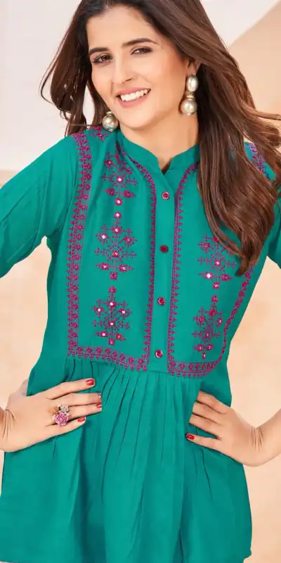 INLI Bubbly Peacock Green Color Heavy Rayon With Embroidery work Kurti Casual, Wedding, Party, Festive, Events Etc. Expected Delivery 4-6 Days @999/- | Bollywood Kurti, Creative Kurtis, Designer Kurti, Kurti, Party Wear Kurti, Selfie Kurti