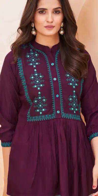 INLI Bubbly Wine Color Heavy Rayon Embroidery work Kurti Casual, Wedding, Party, Festive, Events Etc. Expected Delivery 4-6 Working Days @999/- | Bollywood Kurti, Creative Kurtis, Designer Kurti, Kurti, Party Wear Kurti, Selfie Kurti