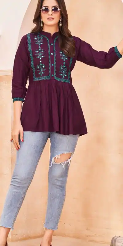 INLI Bubbly Wine Color Heavy Rayon Embroidery work Kurti Casual, Wedding, Party, Festive, Events Etc. Expected Delivery 4-6 Working Days @999/- | Bollywood Kurti, Creative Kurtis, Designer Kurti, Kurti, Party Wear Kurti, Selfie Kurti