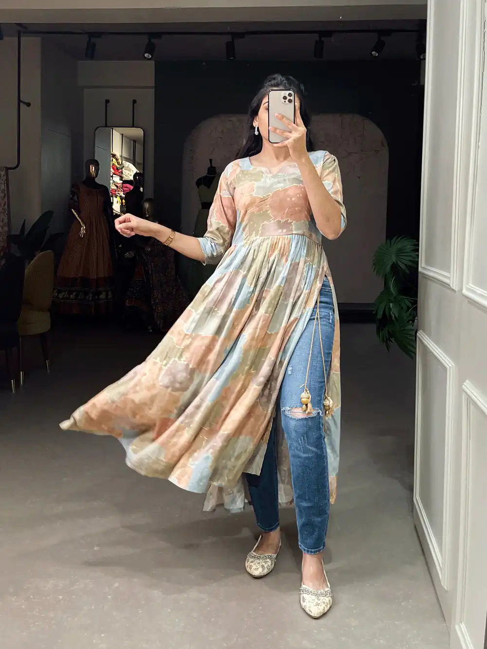 YNF 3305 Chiku Color: Fabrics: :- Rayon cotton With Foil Print Stitch Type: Fully-Stitched inside 2 inch extra margin support up to 36” to 40 ) | Bollywood Kurti, Creative Kurtis, Designer Kurti, Kurti, Party Wear Kurti, Selfie Kurti