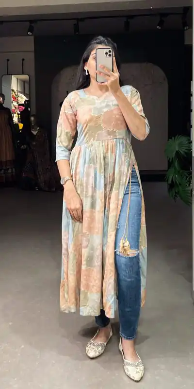 YNF 3305 Chiku Color: Fabrics: :- Rayon cotton With Foil Print Stitch Type: Fully-Stitched inside 2 inch extra margin support up to 36” to 40 ) | Bollywood Kurti, Creative Kurtis, Designer Kurti, Kurti, Party Wear Kurti, Selfie Kurti