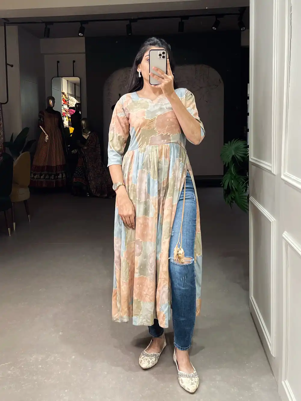 YNF 3305 Chiku Color: Fabrics: :- Rayon cotton With Foil Print Stitch Type: Fully-Stitched inside 2 inch extra margin support up to 36” to 40 ) | Bollywood Kurti, Creative Kurtis, Designer Kurti, Kurti, Party Wear Kurti, Selfie Kurti