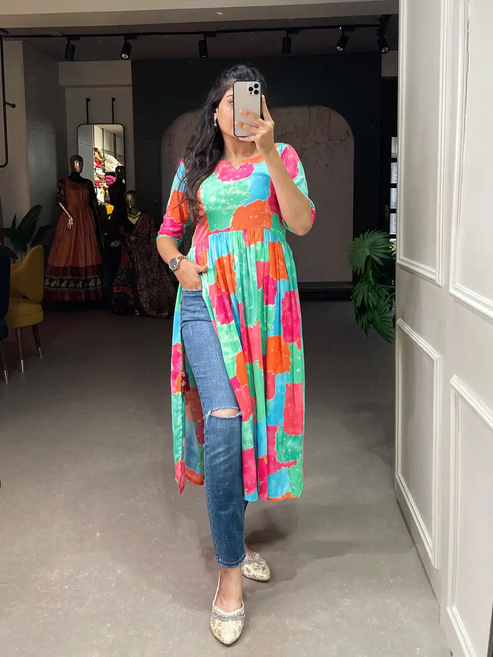 YNF 3305 Green Color: Fabrics: :- Rayon cotton With Foil Print Stitch Type: Fully-Stitched inside 2 inch extra margin support up to 36” to 40 ) | Bollywood Kurti, Creative Kurtis, Designer Kurti, Kurti, Party Wear Kurti, Selfie Kurti