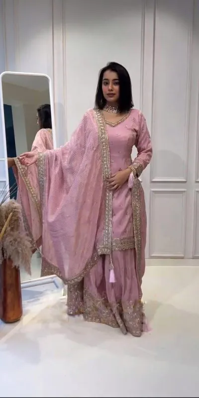 NSR 802 Pink Color Chinnon Silk Embroidery Sequence Work Sharara Suit Casual, Wedding, Party, Festive, Events Etc. Expected Delivery 4-6 Working Days 2099/- | Jump Suits, Casual Suits, Creative suits, Designer Suits, Palazzo Suits, Party Wear Suits, Patiala Suits, Salwar suit, Straight Suits