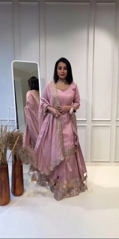 NSR 802 Pink Color Chinnon Silk Embroidery Sequence Work Sharara Suit Casual, Wedding, Party, Festive, Events Etc. Expected Delivery 4-6 Working Days 2099/- | Jump Suits, Casual Suits, Creative suits, Designer Suits, Palazzo Suits, Party Wear Suits, Patiala Suits, Salwar suit, Straight Suits
