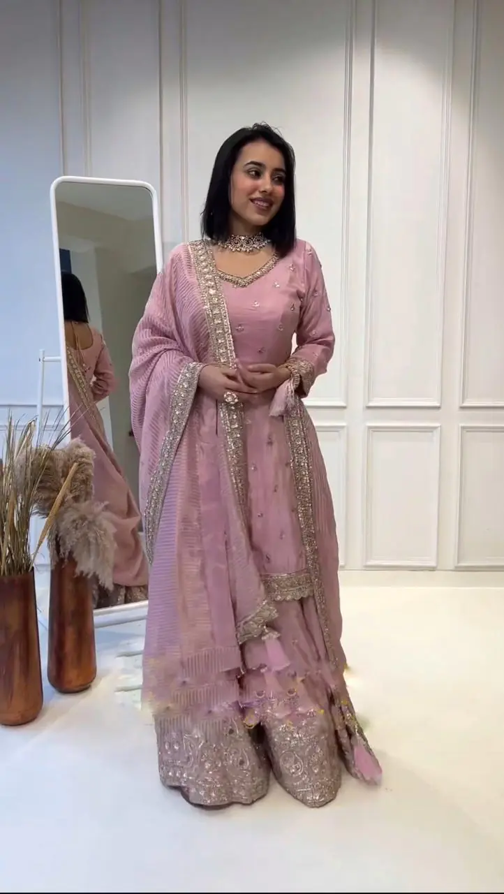 NSR 802 Pink Color Chinnon Silk Embroidery Sequence Work Sharara Suit Casual, Wedding, Party, Festive, Events Etc. Expected Delivery 4-6 Working Days 2099/- | Jump Suits, Casual Suits, Creative suits, Designer Suits, Palazzo Suits, Party Wear Suits, Patiala Suits, Salwar suit, Straight Suits