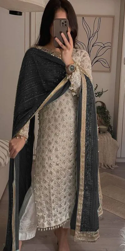 LG 1816 White Color Sequence Work Salwar Suit With Black Dupatta Casual, Wedding, Festive, Events Etc. Expected Delivery 4-6 Working Days @2349/- | Casual Suits, Creative suits, Designer Suits, Party Wear Suits, Patiala Suits, Salwar suit, Straight Suits