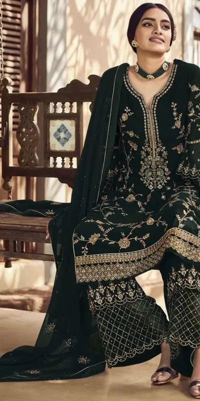 Fc 22987 Black Color Georgette Embroidery Stone Work Sharara Suit Wedding, Party, Festive Expected Delivery 4-6 Working Days @2149/- | Jump Suits, Casual Suits, Creative suits, Designer Suits, Palazzo Suits, Party Wear Suits, Patiala Suits, Salwar suit, Straight Suits