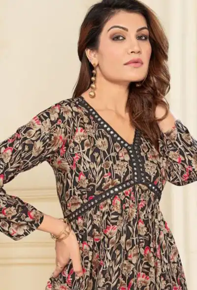 INLI  Alia Black Color Heavy Rayon Print with Foil Work Kurti Casual, Wedding, Party, Festive, Events Etc. Expected Delivery 4-6 Days @1299/- | Bollywood Kurti, Creative Kurtis, Designer Kurti, Kurti, Party Wear Kurti, Selfie Kurti