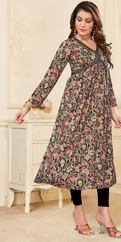 INLI  Alia Black Color Heavy Rayon Print with Foil Work Kurti Casual, Wedding, Party, Festive, Events Etc. Expected Delivery 4-6 Days @1299/- | Bollywood Kurti, Creative Kurtis, Designer Kurti, Kurti, Party Wear Kurti, Selfie Kurti