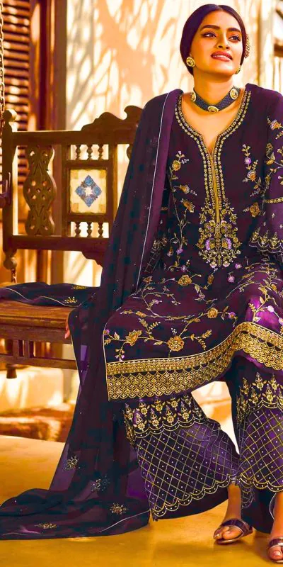 Fc 22987 Purple Color Georgette Embroidery Stone Work Sharara Suit Wedding, Party, Festive Expected Delivery 4-6 Working Days @2149/- | Jump Suits, Casual Suits, Creative suits, Designer Suits, Palazzo Suits, Party Wear Suits, Patiala Suits, Salwar suit, Straight Suits